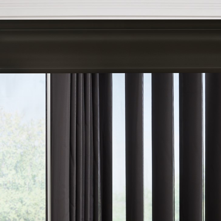 Color: French Voile Ebony LZ502; Headrail: 5 1/2 Inch Cornice