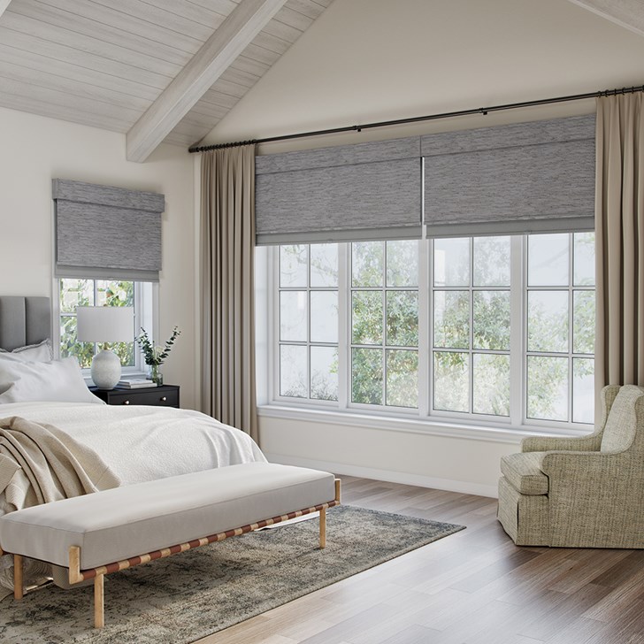 Color: Newport Natural; Dual Shade: Landera Snowflake; Bottomrail: Fabric Wrapped Hembar; Headrail: 7 Inch Fabric Wrapped Valance; Mount: Outside