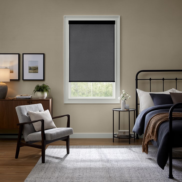 Color: 5% Palermo Shadow; Lift: Cordless; Headrail: 3 Inch Fabric Covered Cassette Valance in the Black color