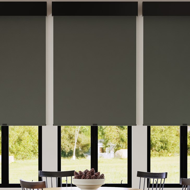 Color: Splendor Charcoal; Bottom Rail: Fabric Wrapped; Headrail: Black 4 Inch Square Aluminum Fascia