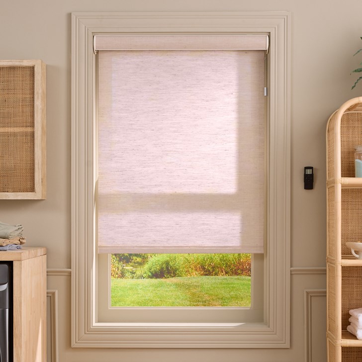 Color: Cambric Hazel 0002; Opacity: Light Filtering; Lift: Motorized; Valance: Semi Open 3 In Cassette with Fabric Insert; Hem Bar: Open Ended