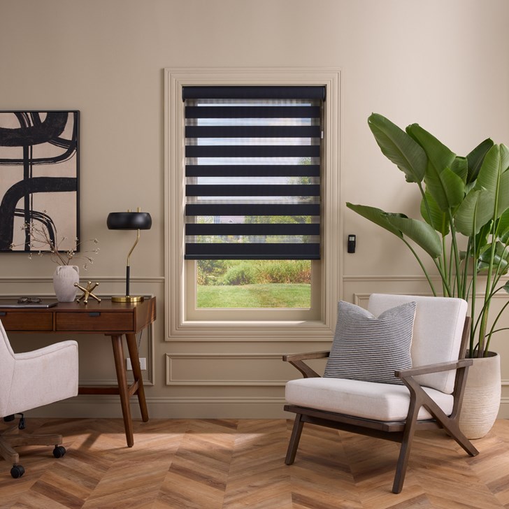 Color: Melrose Iron QV16; Opacity: Light Filtering; Lift: Motorized; Valance: Semi Open with Fabric Insert Cassette