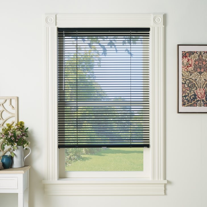 Color: Black Satin; Fold Style: 1 inch Light Blocker Aluminum; Lift: Cordless