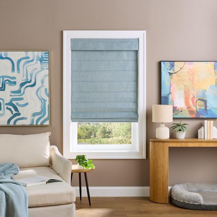 Installation: No Drill; Color: Brooklyn Summer Sky; Lift: Cordless; Fold Style: Plain with Seams; Liner: White Blackout; Valance: 6 In Fabric