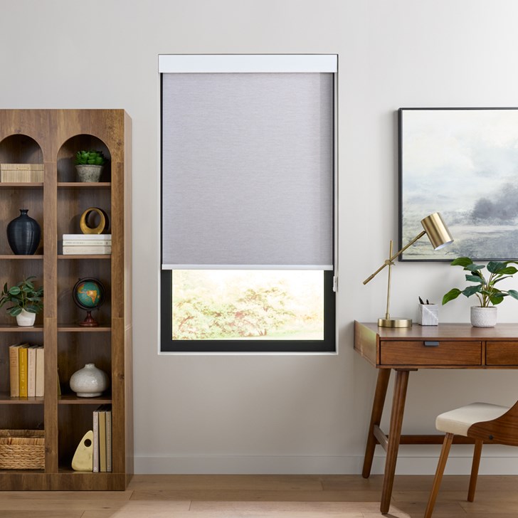 Color: Vantage Fog F0871; Opacity: Light Filtering; Lift: White Plastic Continuous Cord Loop; Valance: White Square Aluminum Fascia; Hem Bar: Plain White