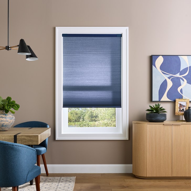 Color: Royal Blue H25047; Opacity: Light Filtering; Installation: No Drill; Lift: Cordless