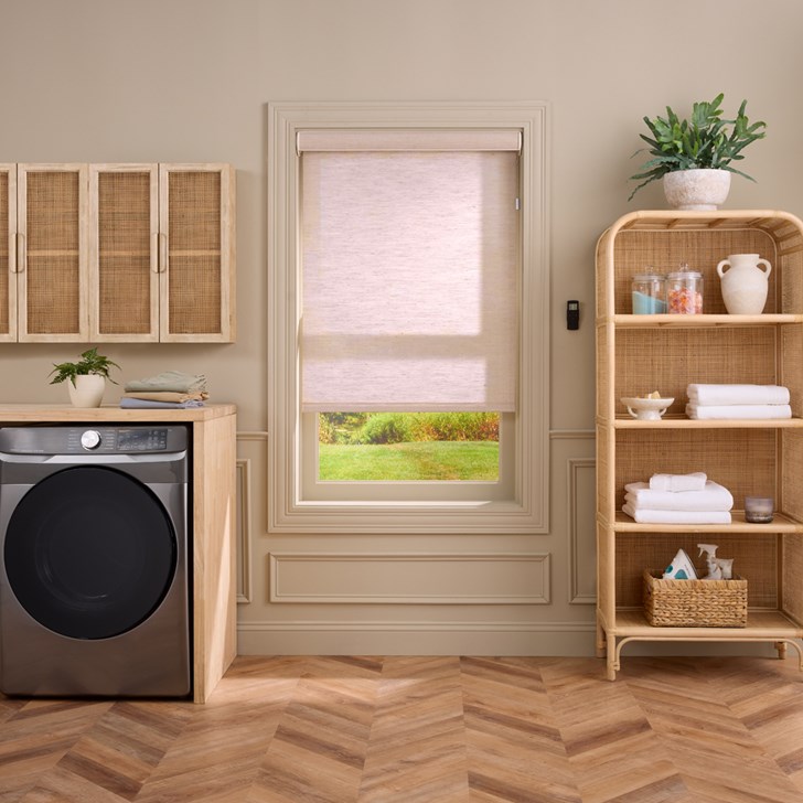 Color: Cambric Hazel 0002; Opacity: Light Filtering; Lift: Motorized; Valance: Semi Open 3 In Cassette with Fabric Insert; Hem Bar: Open Ended