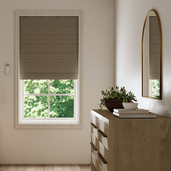 Color: Grasscloth Twine; Lift: Motorized