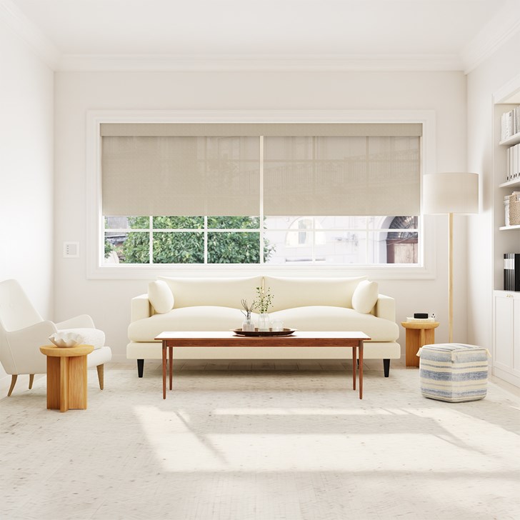 Color: Verona Soft Gray; Lift: Motorized; Headrail: 2-on-1