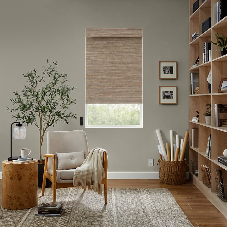 Color: Hatteras Beige Taupe D02; Lift: Motorized; Light Control: Blackout Liner; Headrail: Flat Style