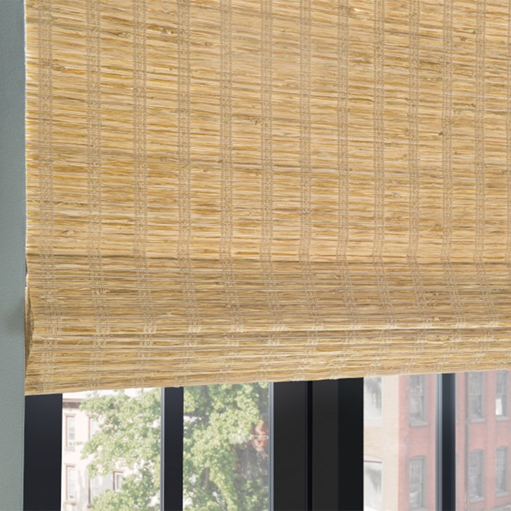 Old Style Roman Woven Wood Shades with Motorized Lift: Faroe, Twine 65091 and Privacy Liner: Sand 2701