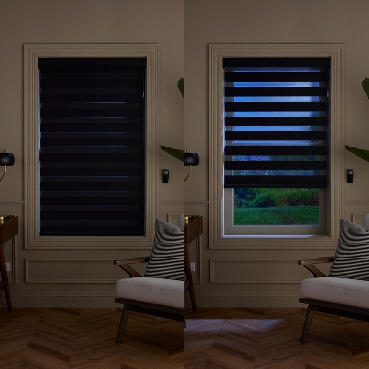 Color: Melrose Iron QV16; Opacity: Light Filtering; Lift: Motorized; Valance: Semi Open with Fabric Insert Cassette