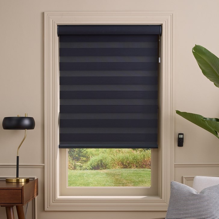 Color: Melrose Iron QV16; Opacity: Light Filtering; Lift: Motorized; Valance: Semi Open with Fabric Insert Cassette