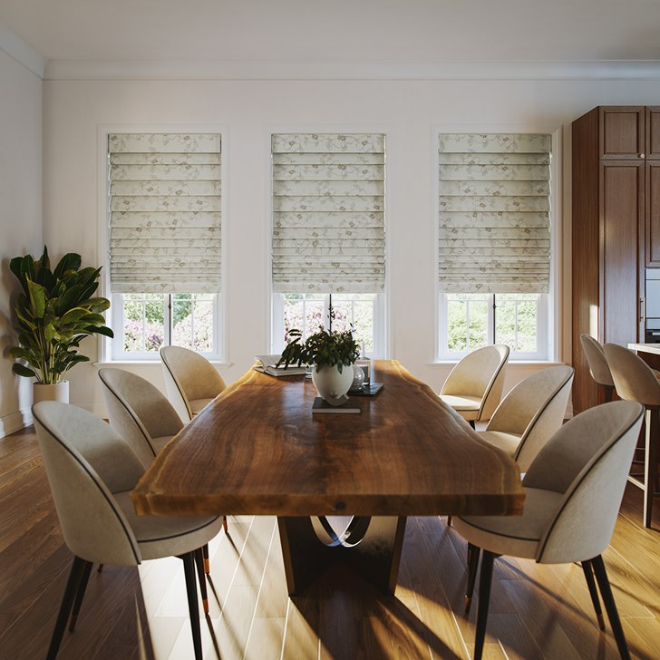 Color: Oleander Blossom; Style: Hobbled Fold; Liner: Blackout White; Headrail: 6 Inch Fabric Valance
