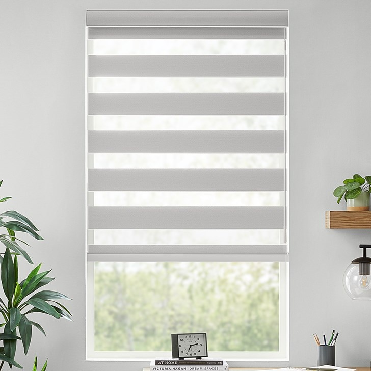 Color: Cloud; Lift: Motorized Wand; Light Control: Blackout; Headrail: Fabric Cassette Valance