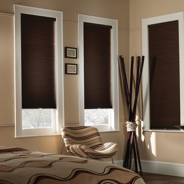 The blinds.live Economy Cordless shade provides a clean look with no visible cords. Color: Espresso BO