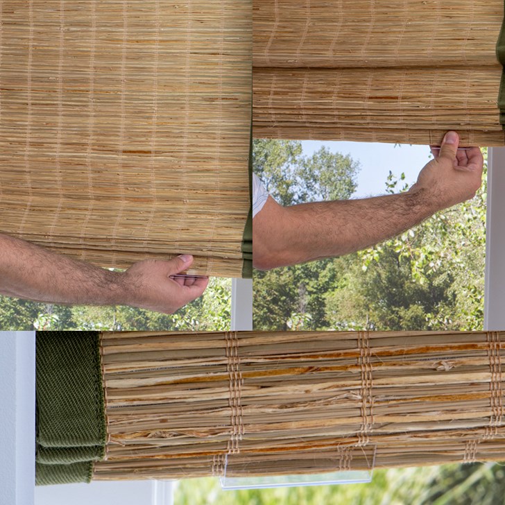 Color: Sunny Thatch; Lift: Cordless; Liner: Light Filtering Oyster; Edge Binding: Green; Valance: Included