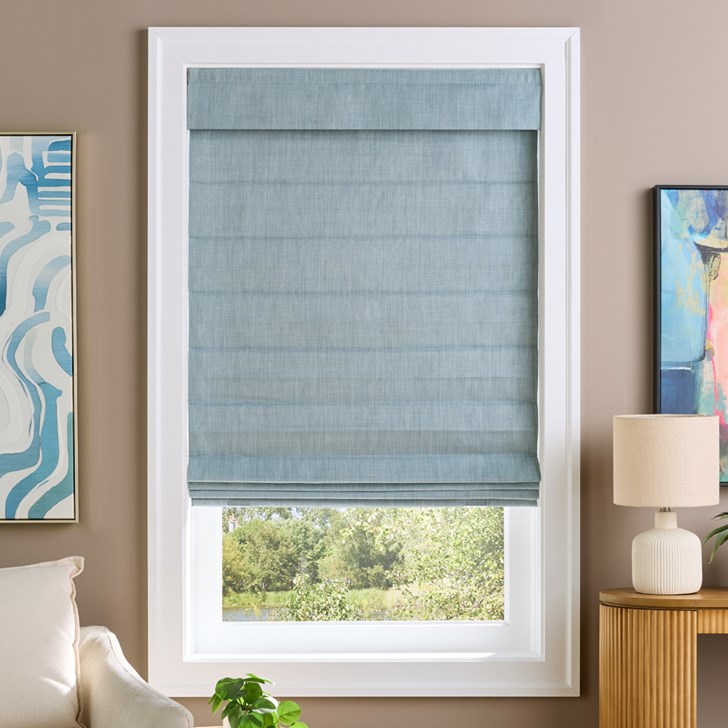 Installation: No Drill; Color: Brooklyn Summer Sky; Lift: Cordless; Fold Style: Plain with Seams; Liner: White Blackout; Valance: 6 In Fabric