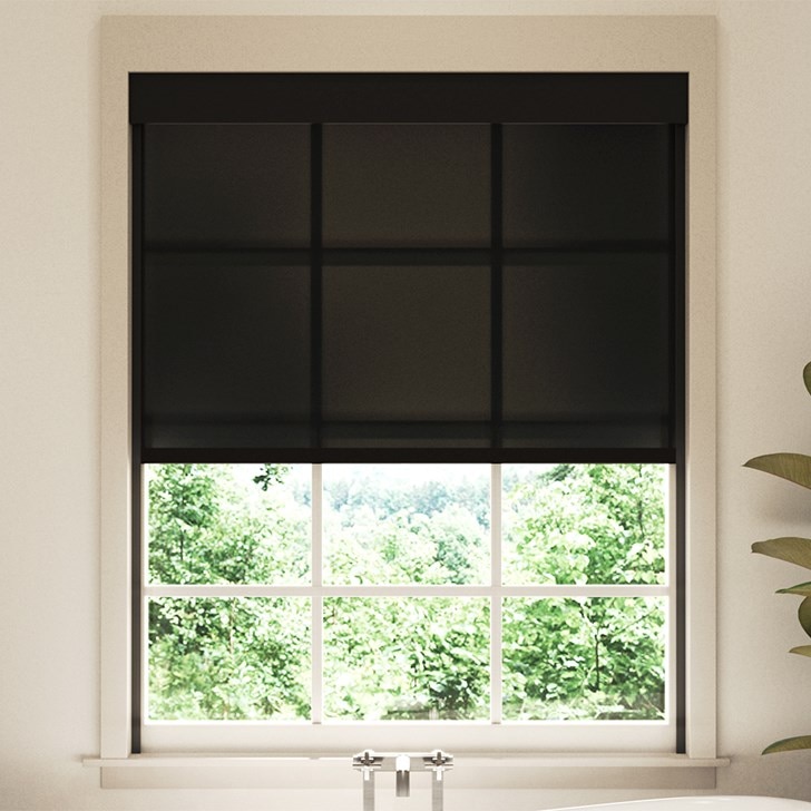 Color: Privacy Interlude Black; Headrail: Black Fascia; Bottom Rail: Black Square Hem Bar; Privacy: Light Blockers