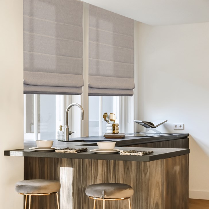 Color: Solenne Otter; Fold Style: Classic Flat Pleat with Seams; Headrail: Waterfall; Liner: Light Filtering