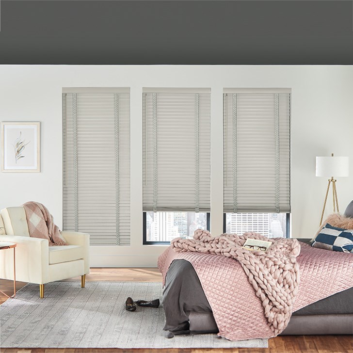 2 Wood Blinds with Cordless Lift/Wand Tilt: Grey Mist 1889 with 3 Standard Valance and 1 ¬O Cloth Tapes: Coastal Fog C159