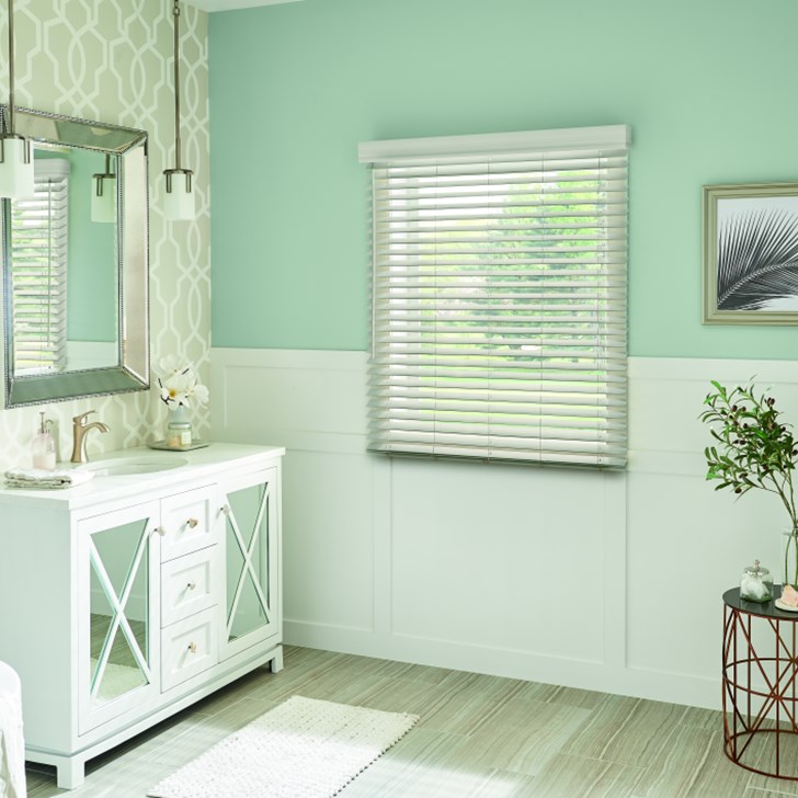 2 Faux Wood Blinds with Cordless Lift/Wand Tilt in Greystone 5174