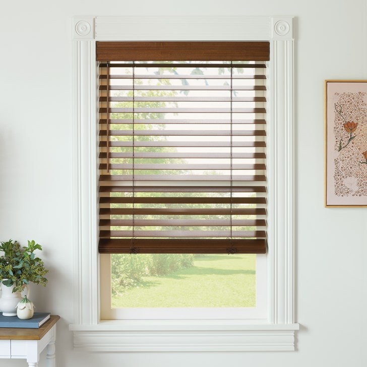 Color: Majestic Walnut; Fold Style: Wood Blinds; Lift: Corded