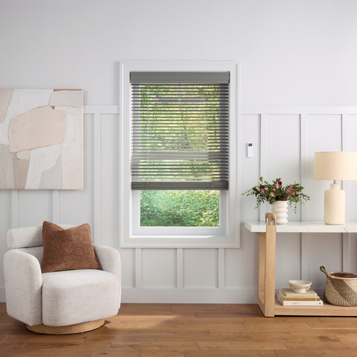 Color: Vintage Storm 1752; Lift and Tilt: Motorized; Power: Solar Panel; Valance: 4 In Cord