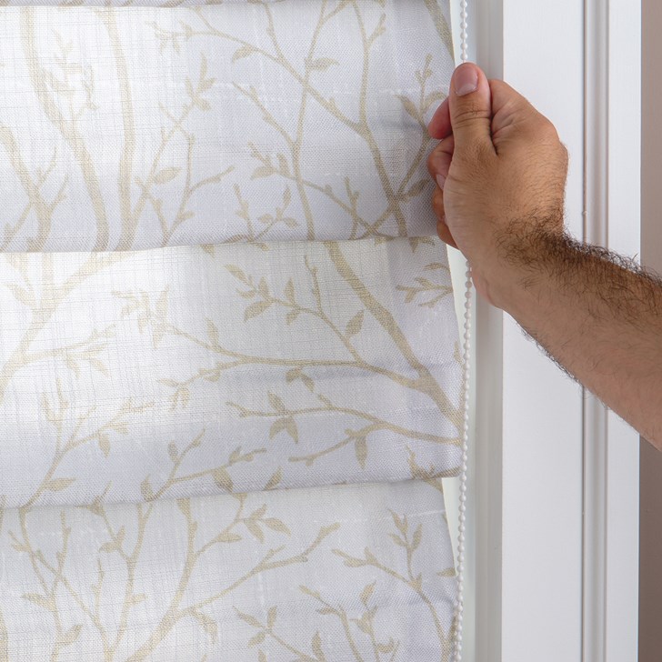 Color: Arborlane Maple Nut; Opacity: Light Filtering; Lift: White Plastic Continuous Cord Loop; Fold Style: Hobbled Fold; Liner: Standard Ivory; Valance: None